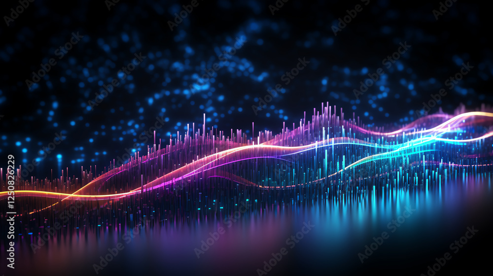 Poster a vibrant and dynamic abstract representation of sound waves featuring colorful gradients, glowing l