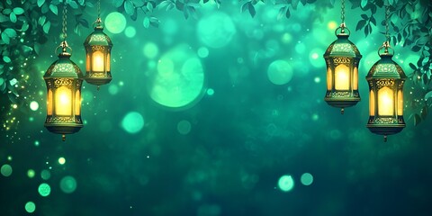 Ramadan background, the color green, with lanterns on the left side of the picture, empty space for text in the center, in a cartoon style. bokeh background