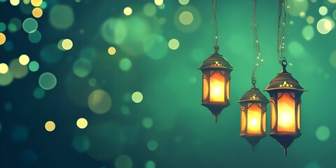 Ramadan background, the color green, with lanterns on the left side of the picture, in a cartoon style. bokeh background
