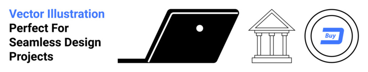 Laptop for online tasks, bank building symbolizing institutions, Buy text in shopping cart circle. Ideal for finance, e-commerce, payments, banking, online trade, business growth abstract line flat