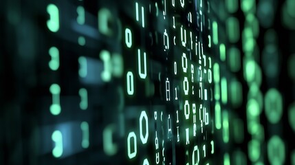 Abstract digital background featuring glowing green binary code patterns representing data processing and technology : Generative AI