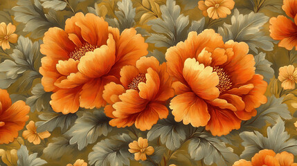 Explore a vibrant floral pattern featuring large orange flowers with lush green leaves against a rich brown background, perfect for various artistic projects