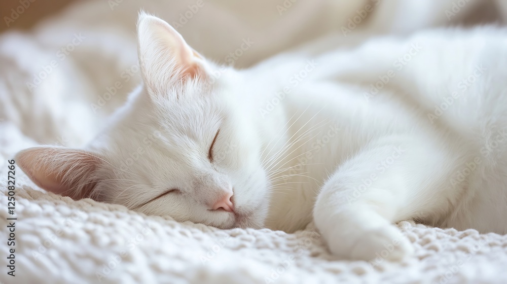 Poster sleepy white cat nestled in cozy blanket resting peacefully in soft natural light : generative ai