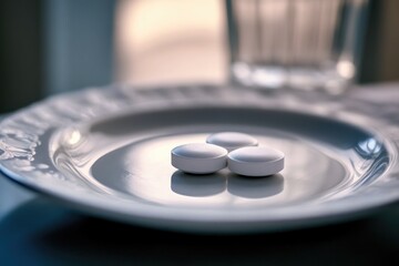 A plate with two pills and a glass of water, perfect for medical or pharmaceutical settings