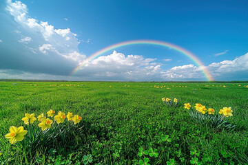 Naklejka premium Rainbow over daffodil field after spring rain