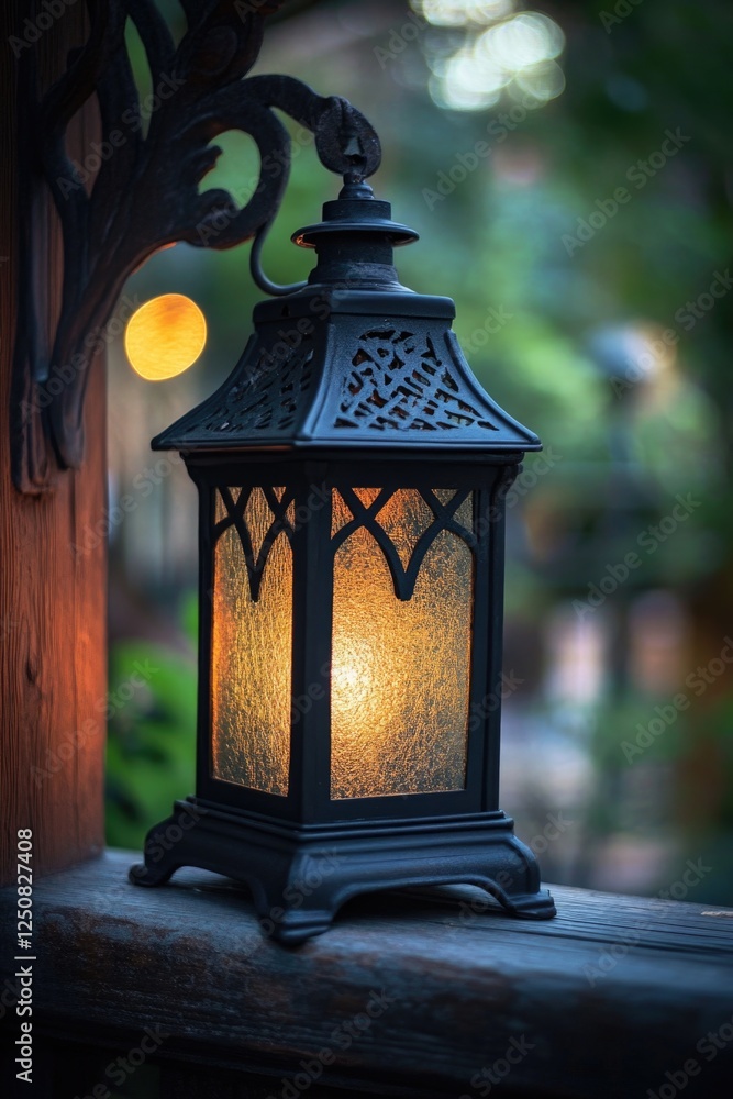 Poster a lamp is sitting on a ledge or shelf
