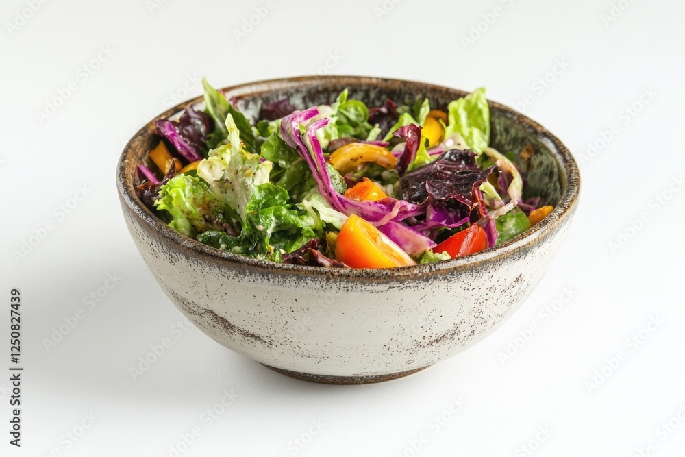 Poster a colorful bowl filled with various mixed vegetables on a clean white surface