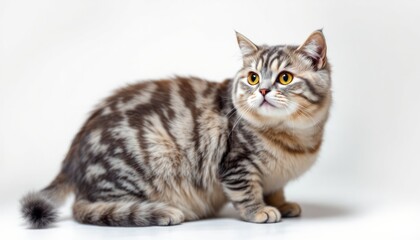 Adorable Gray Tabby Cat Posing Gracefully on White Background Studio Shot