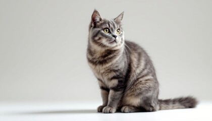 A Majestic Grey Tabby Cat Posing Elegantly Against a Neutral Background Studio Shot of a Beautiful Feline