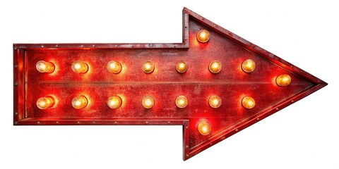 Red Arrow Metal Display Sign with Light Bulbs on White
