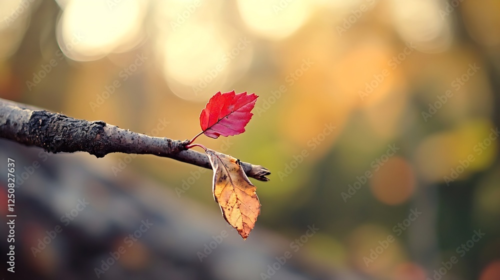 Poster Autumn leaf resting on a branch against a softly blurred background with warm lighting creating a serene atmosphere : Generative AI