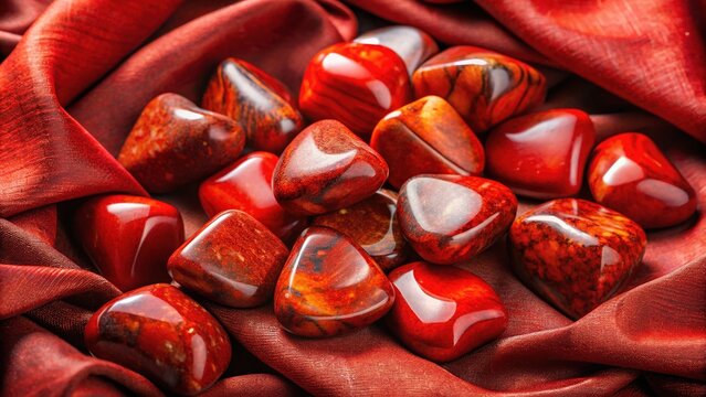 Red jasper crystals, draped on cotton fabric, a fashion shoot.