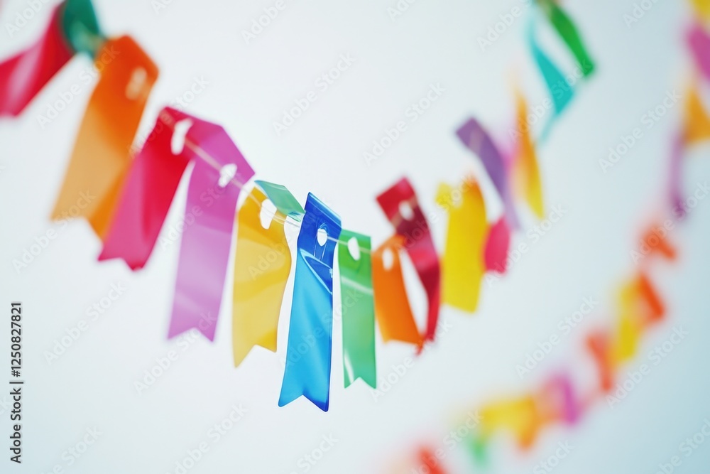 Poster a bunch of colorful flags hanging from a string, perfect for celebrations or parties