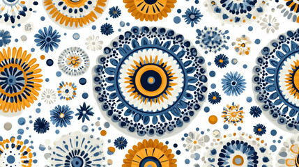 This vibrant floral pattern features a dynamic arrangement of blue and orange elements on a white background, ideal for enhancing various designs