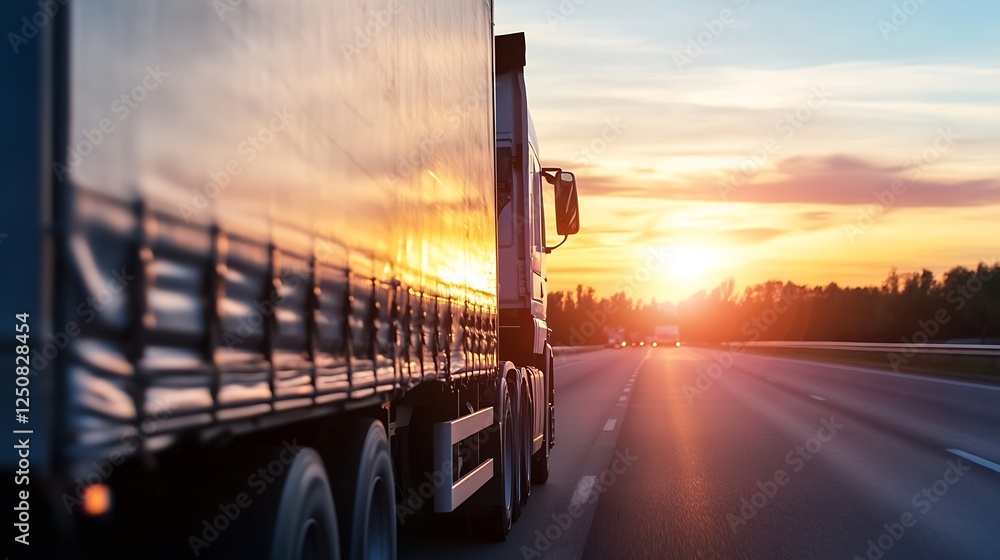 Poster dynamic sunset over a highway with a truck reflecting colors of the evening sky : generative ai