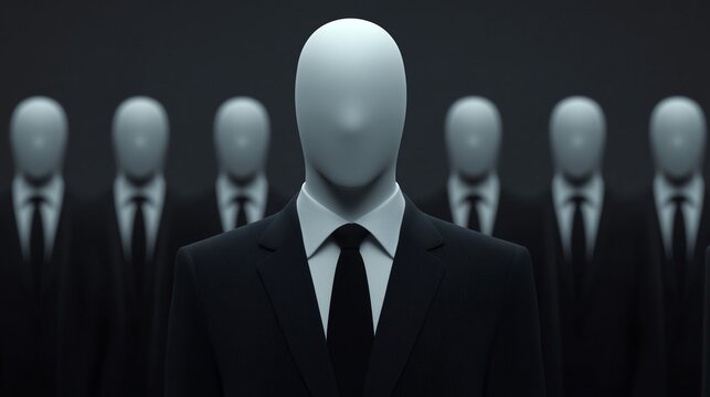 A striking image of faceless mannequins dressed in suits, symbolizing conformity and anonymity in modern society. Their blank expressions evoke a sense of mystery and intrigue.