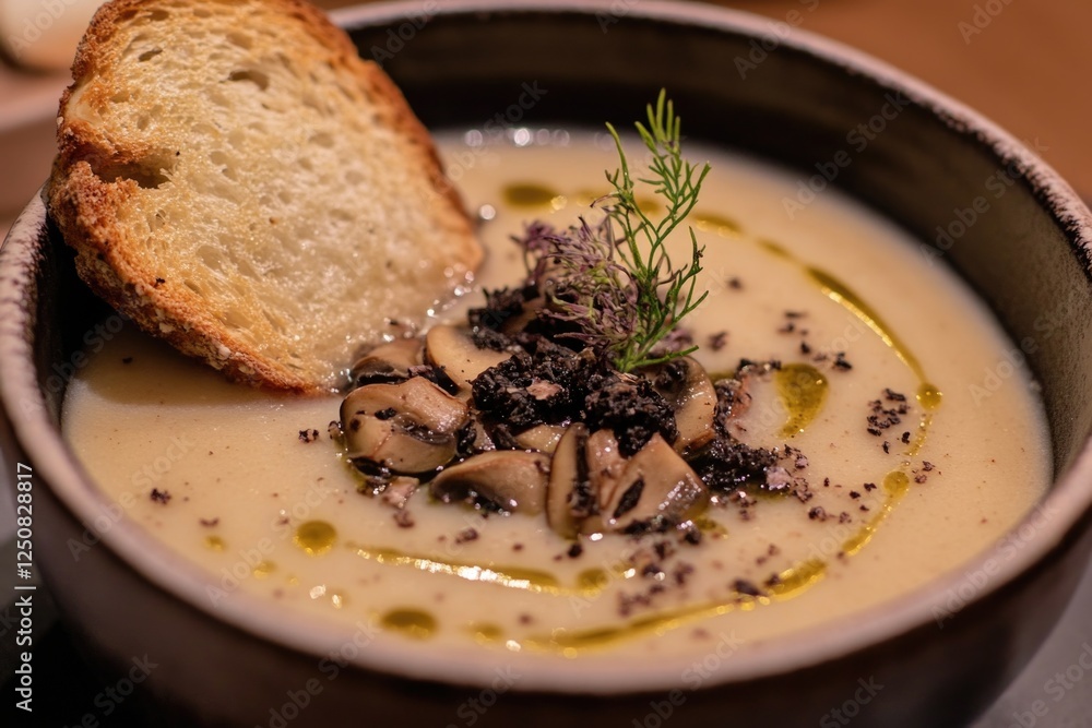 Poster a warm bowl of soup with a piece of bread floating on top