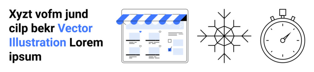 Webpage layout featuring storefront icon, intricate snowflake, stopwatch for timing, and placeholder text. Ideal for e-commerce, seasonal marketing, time management, retail, online business user