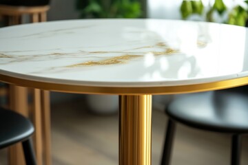 A table with a smooth marble top accompanied by four black chairs, suitable for any formal setting