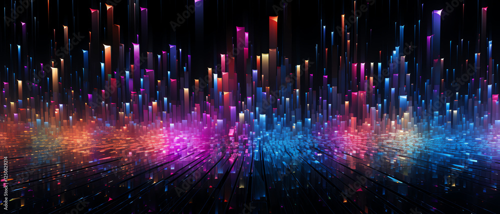 Poster a vibrant, abstract design featuring colorful light beams rising against a dark backdrop, creating a