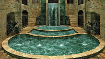 Luxurious indoor spa with waterfall, tiered pools, stone architecture