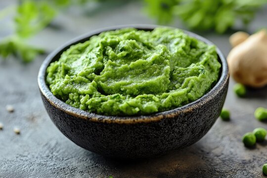 Bowl of green pea puree with fresh herbs and spices - Powered by Adobe