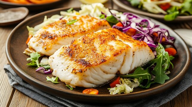 Fried codfish fillet and cabbage salad served on wooden table