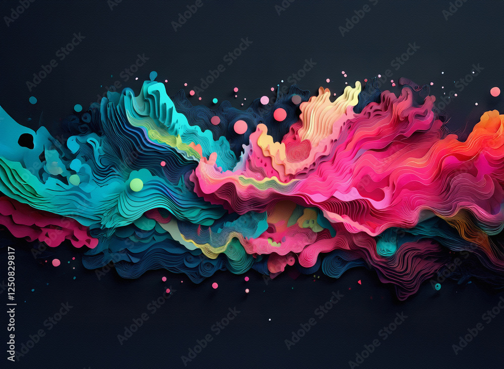 Poster colorful abstract flow on a dark background. vibrant hues blend in a dynamic splash, creating a flui