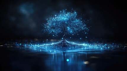 Futuristic Digital Tree with Blue Light Roots in a Mystical Water Scene