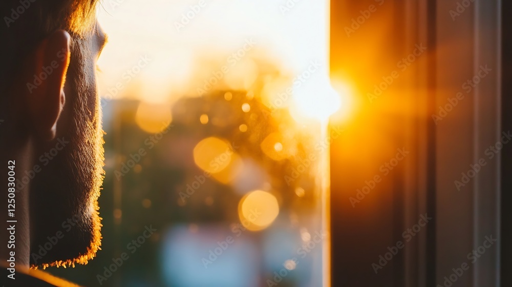 Poster man gazing out of a window at a sunset while soft sunlight reflects off the glass : generative ai