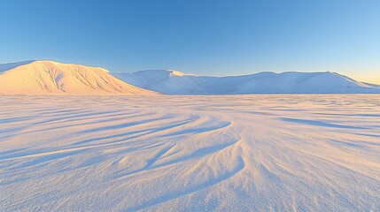 Arctic sunrise, snow patterns, mountain range, winter landscape, travel poster