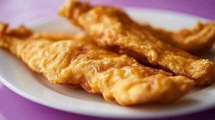 Fried fish fillet in batter on a purple table