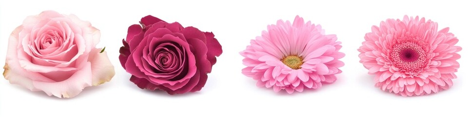 Fototapeta premium A row of pink and purple flowers arranged neatly on a white surface