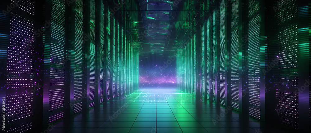 Poster a vibrant, futuristic data center with glowing lights and intricate server units. the sleek environm