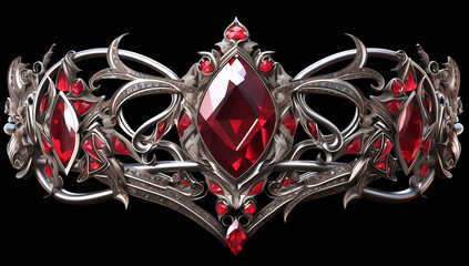 Majestic Silver Tiara with Red Gemstones and Intricate Gothic Design