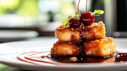 Fried foie gras with cherry shape in arestaurant