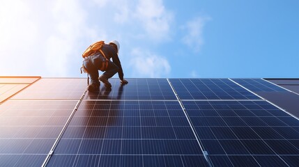 A technician skillfully installs solar panels on a rooftop, showcasing the importance of renewable energy and sustainable practices in modern architecture and technology.