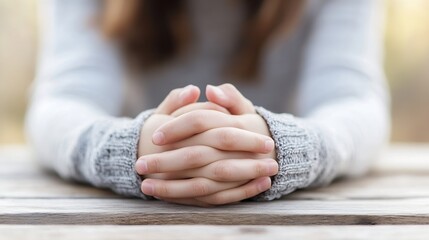 Close Up of a Pair of Relaxed Hands Resting on a Table in a Cozy Quiet Environment : Generative AI