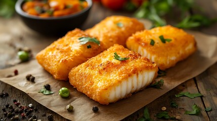 Fried halibut fillet and fresh vegetables on wooden table