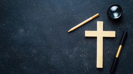 Dark Glitter Background With Wooden Cross And Accessories