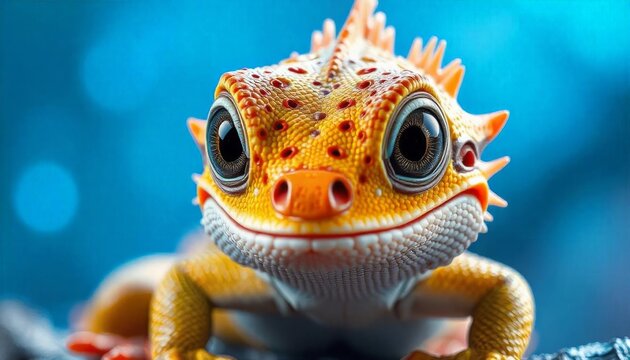 Adorable Closeup of a Yellow Leopard Gecko with Big Eyes on a Blue Background A Captivating Reptile Portrait