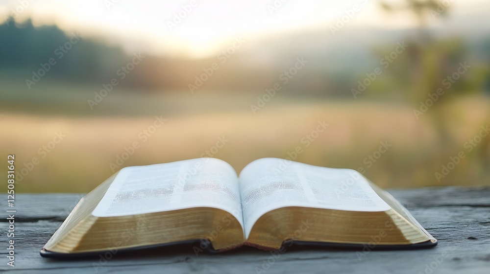 Aufkleber Open book on a wooden table with sunlight streaming through highlighting the pages and nature background : Generative AI