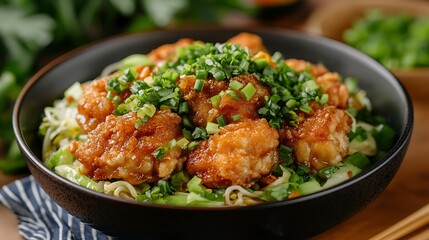 Fried noodle with chicken meat cabbage green mustard and chopped chives
