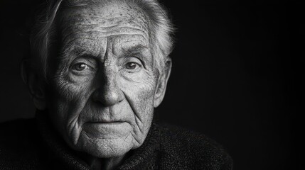 Elderly man portrait, serious expression, dark background, studio shot, for aging or wisdom