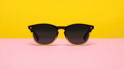 Trendy Black Sunglasses on Vibrant Yellow and Pink Background for Fashion Photography