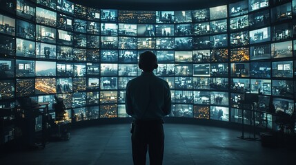 Man monitoring multiple security cameras showing cityscapes; surveillance, technology