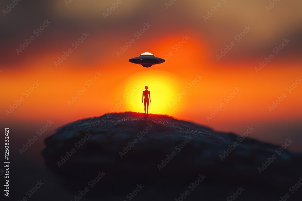 Poster a person standing on a rocky outcropping with a flying saucer visible in the sky