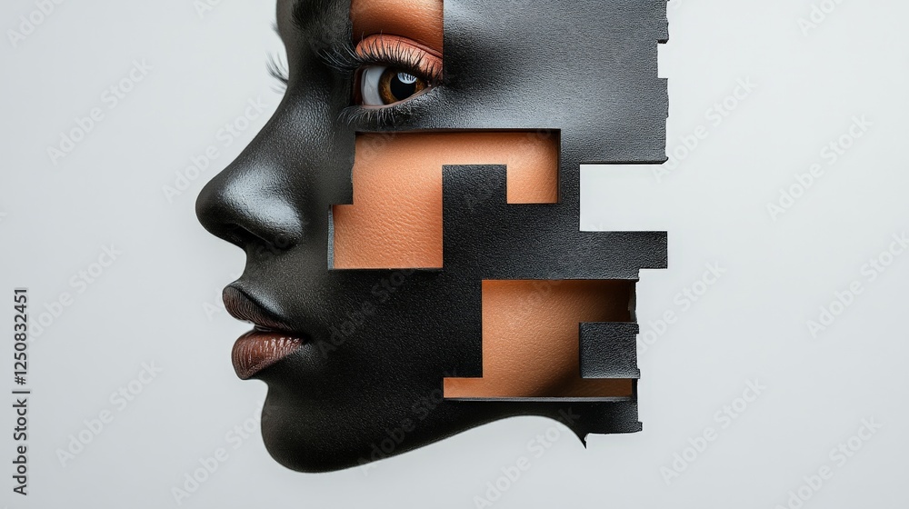 Poster artistic silhouette: an intriguing portrait presents a fragmented face with striking features, evoki