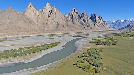 River valley aerial, mountains background, Ladakh
