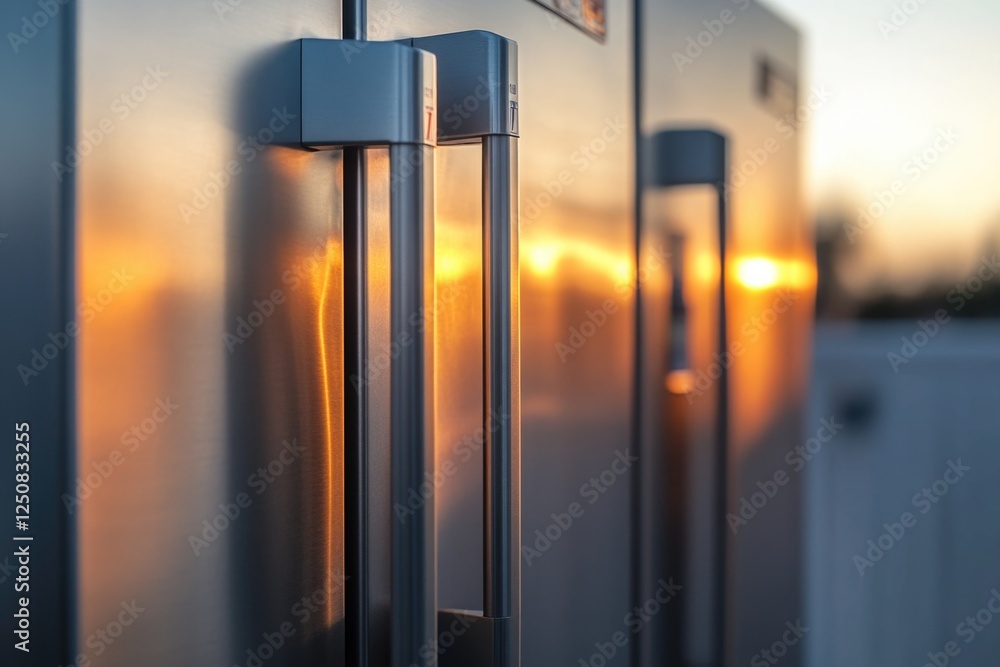 Poster a close-up shot of a refrigerator with the sun setting in the background, ideal for use in interior 